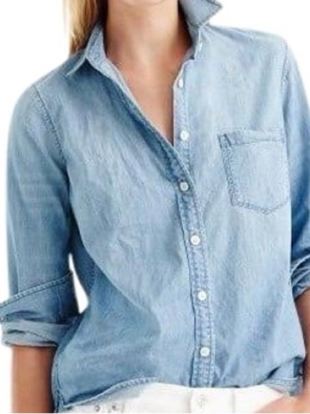 J. Crew Chambray Denim Button Down Shirt with Front Pocket 100% Cotton sz Small